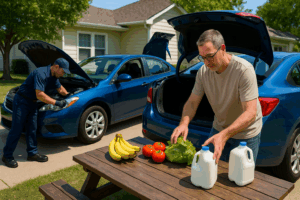 A mobile mechanic in a navy uniform working on the engine of a blue sedan in a sunny suburban driveway, while the homeowner unloads groceries—bananas, tomatoes, lettuce, and two jugs of milk—from the car’s open trunk onto a wooden picnic table, illustrating that car repairs can seamlessly fit into daily errands.