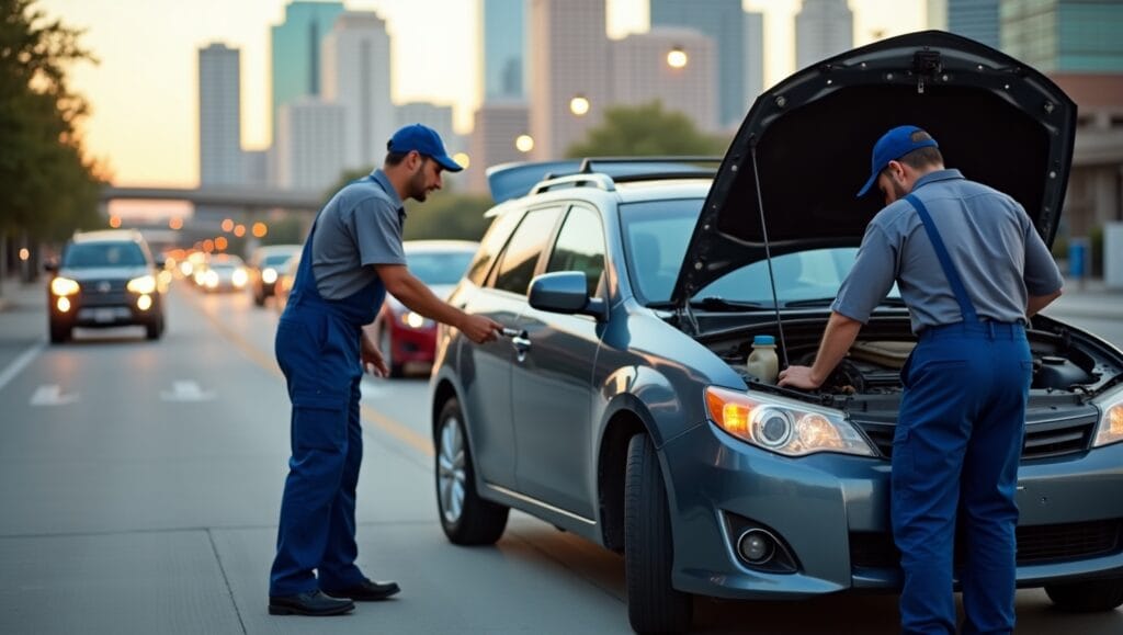 Mobile mechanic working on a transmission repair for a car parked on a Houston city street