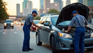 Mobile mechanic working on a transmission repair for a car parked on a Houston city street