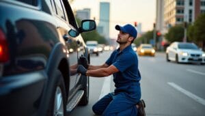 A skilled mobile mechanic working on a transmission repair for a car parked on a Houston city street, with Houston skyline and traffic in the background, showcasing quick and convenient mobile auto service.