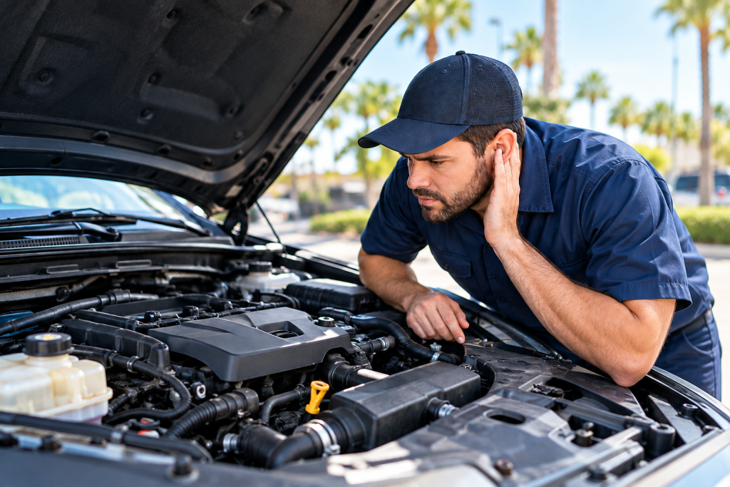 Mechanic Inspecting an Open Engine Bay